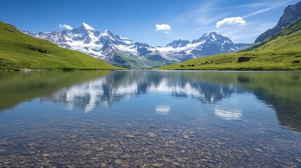Fototapeta premium A serene alpine lake with crystal-clear water reflecting the surrounding snow-capped mountains