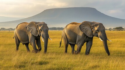 Fototapeta premium Elephants Walking on Grassy Plain Near Rocky Outcrop