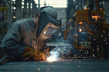 Welder working with flying sparks in workshop