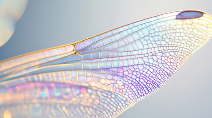 Close-up of iridescent dragonfly wing detail with soft light reflection
