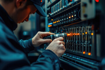 A technician meticulously works on intricate server hardware, troubleshooting and maintaining complex systems.