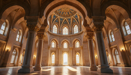 Fototapeta premium Sunlight from windows of mosque, nobody inside. 