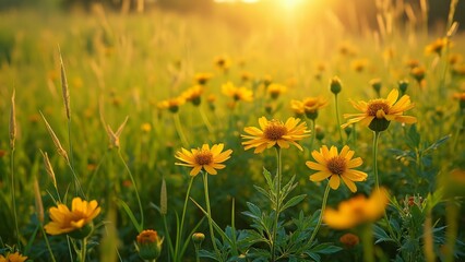 Obraz premium Vibrant Yellow Flowers Meadow Sunset Golden Hour