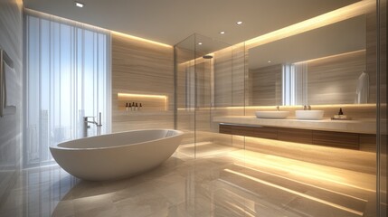 Modern Luxury Bathroom With City View And Freestanding Tub