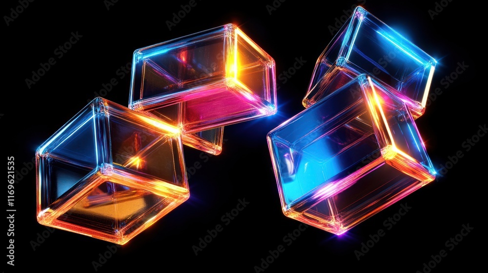 Poster glowing neon cubes float in dark space