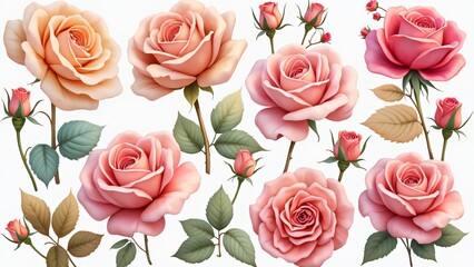 Beautiful Pink and Peach Roses Collection Botanical Illustration