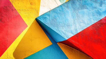 Colorful geometric abstract wall art with bold red, blue, and yellow shapes