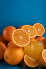 fruit, whole, sliced, photograph, orange, glass, juice, background, drink, blue, freshness, contrast, vitamin, vibrant, several, image, half, slice, citrus, healthy,