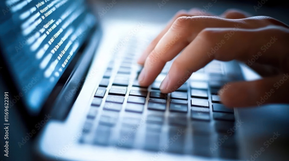 Poster hands typing code on laptop screen