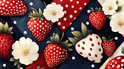   A painting of strawberries and daisies on a blue background, featuring white flowers and a red-and-white polka dot