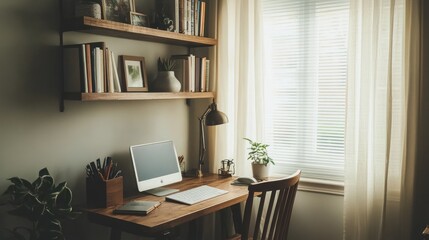 Sunny Workspace With Wooden Desk And Shelves