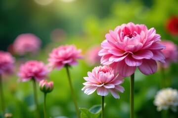 Obraz premium Pink and white ranunculus flowers in a lush, green garden, foliage, garden, garden