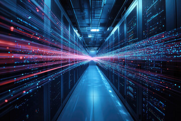 High-speed data streams illuminate a modern server room, showcasing powerful network infrastructure and digital flow.