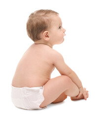 Cute little baby in diaper on white background