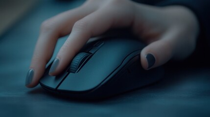 A hand gently uses a dark computer mouse