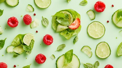  Green surface with cucumber slices, raspberries, and spinach on top