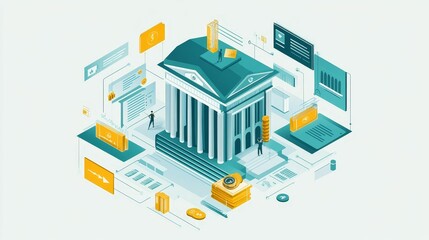 Obraz premium Isometric bank, digital finance, transactions, data, people.