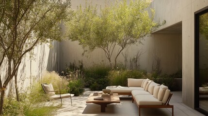 Serene Modern Courtyard Oasis Featuring Tranquil Seating and Greenery