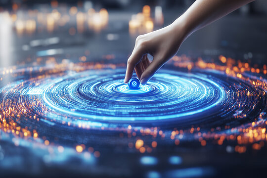 Hand Pressing Neon Blue Tech Button on Futuristic Digital Interface with Rotating Lights - Powered by Adobe
