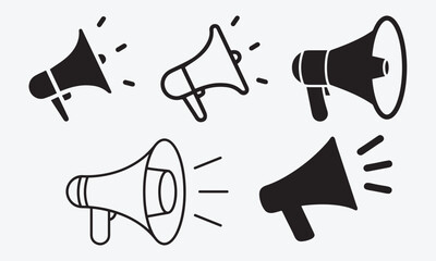 Set of megaphone icon, promotion icon in Line and silhouette vector style with white background