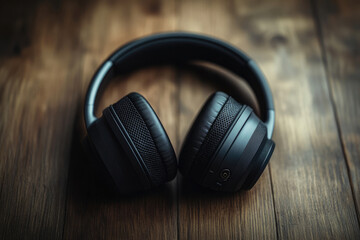 Black wireless over-ear headphones rest on a dark wooden surface.