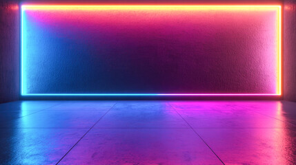 Neon-lit room with vibrant pink and blue glow on reflective floor