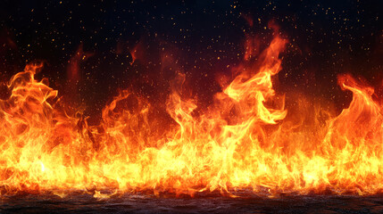 Intense blaze with bright flames and sparkling embers against dark night sky