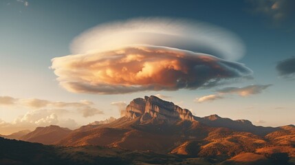 A striking view of a mountain peak surrounded by a tranquil valley features a dramatic lenticular cloud above, illuminated by the warm light of sunset creating a captivating natural spectacle