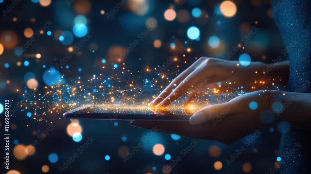 Poster Hands interact with glowing digital network on tablet