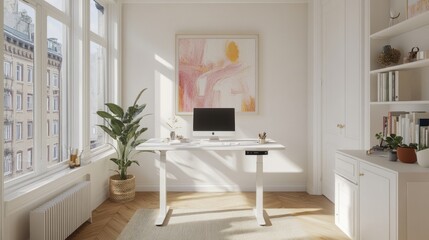 Fototapeta premium Modern White Home Office Desk Workspace With Large Windows