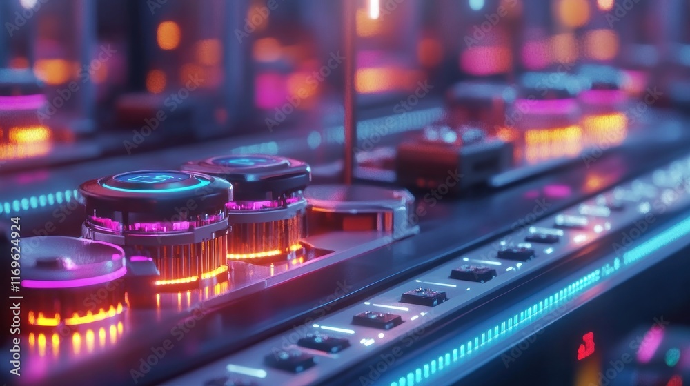 Poster Futuristic Control Panel With Illuminated Buttons And Lights