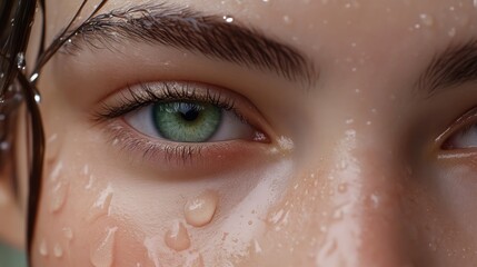 Closeup Of A Wet Eye With Green Iris And Dark Brows