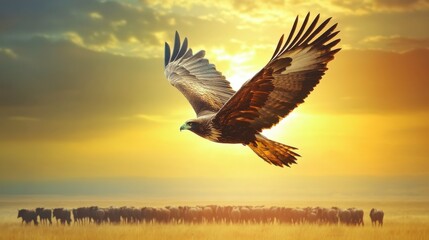 Majestic Eagle Soaring Over a Herd at Golden Hour