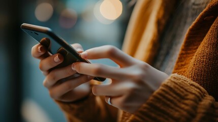 Close-up: hands holding phone, blurred background.
