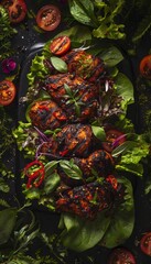 Aerial view of grilled caribbean jerk chicken on fresh greens with vibrant colors and warm light