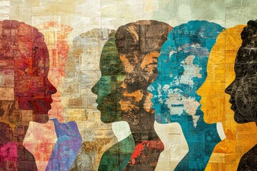 Naklejka premium Abstract collage; textured profiles, diverse colors.