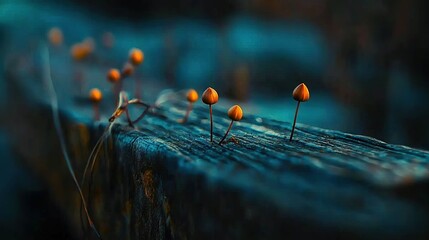   A cluster of tiny orange blossoms rests atop a wooden seat beside a lush meadow during a drizzly afternoon