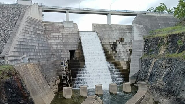 Hinze Dam, un barrage situ&eacute; dans le Queensland en Australie, d&eacute;verse l'exc&eacute;dent d'eau du lac Advancetown dans le lit de la rivi&egrave;re Nerang en aval. Un barrage qui alimente en eau la Gold Coast.
