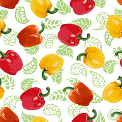 Pattern with leaves and peppers.Multi-colored peppers and green leaves in a pattern on a white background.