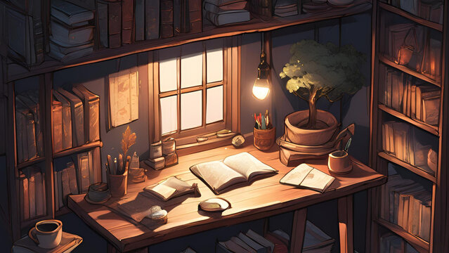 4k - anime style - wallpaper
A cozy study dark room with table, books, lo-fi vibes
