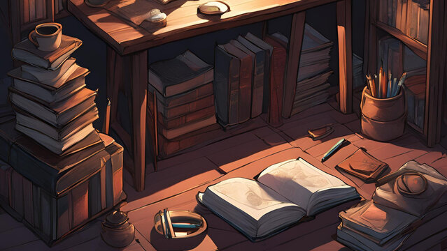 4k - anime style - wallpaper
A cozy study dark room with table, books, lo-fi vibes
