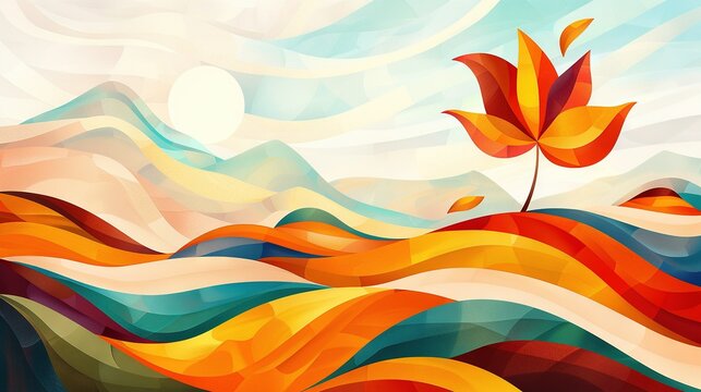   A leaf on top of a mount, bathed by golden sun's fount, surrounded by cloudy ascent