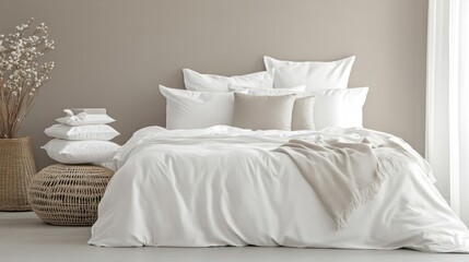 A neatly made bed with white linens and beige accents