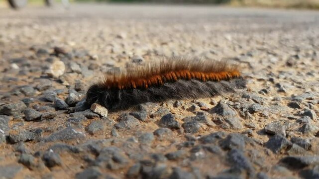 Une chenille processionnaire du pin en gros plan se d&eacute;place en ondulant sur un sol caillouteux. 