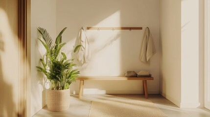 Minimalist Entryway With Wooden Bench And Plant