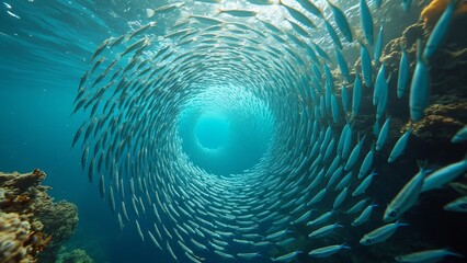 Mesmerizing School of Fish Swirling Underwater Ocean