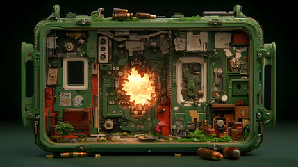 Exploding green military case filled with miniature objects.