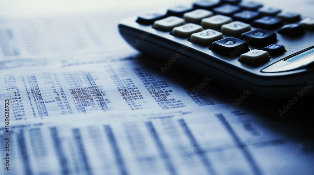 Poster calculator rests on a page of financial data