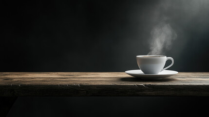 Steaming cup of coffee on rustic wooden table in dimly lit setting