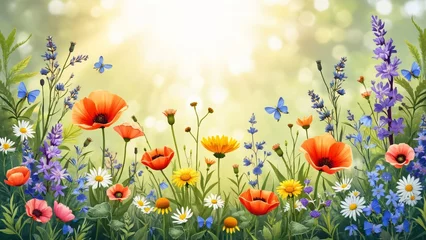Poster de jardin Prairie, marais Vibrant Wildflower Meadow with Poppies and Butterflies  © Mr